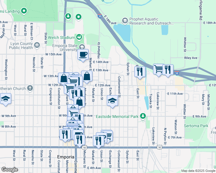 map of restaurants, bars, coffee shops, grocery stores, and more near 1121 Exchange Street in Emporia