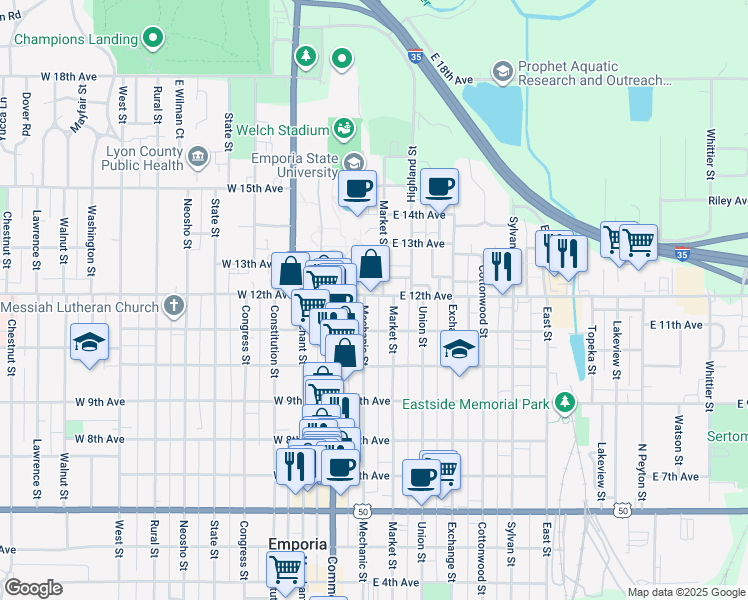 map of restaurants, bars, coffee shops, grocery stores, and more near 105 East 12th Avenue in Emporia