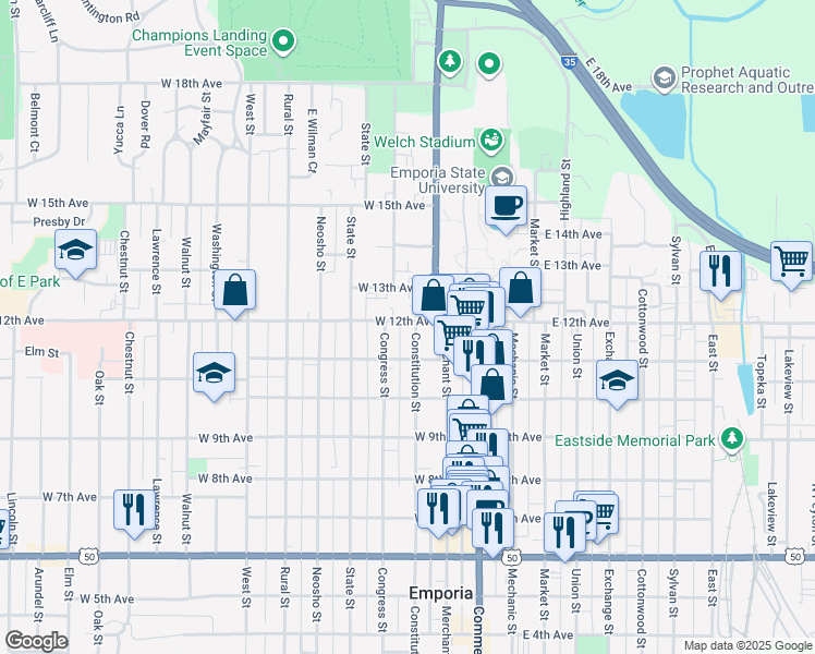 map of restaurants, bars, coffee shops, grocery stores, and more near 1121 Constitution Street in Emporia