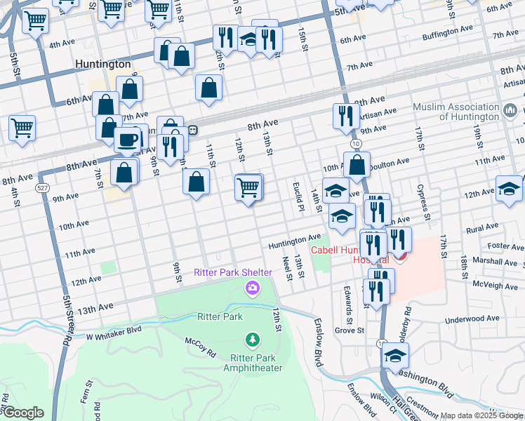 map of restaurants, bars, coffee shops, grocery stores, and more near 1207 Kanawha Terrace in Huntington