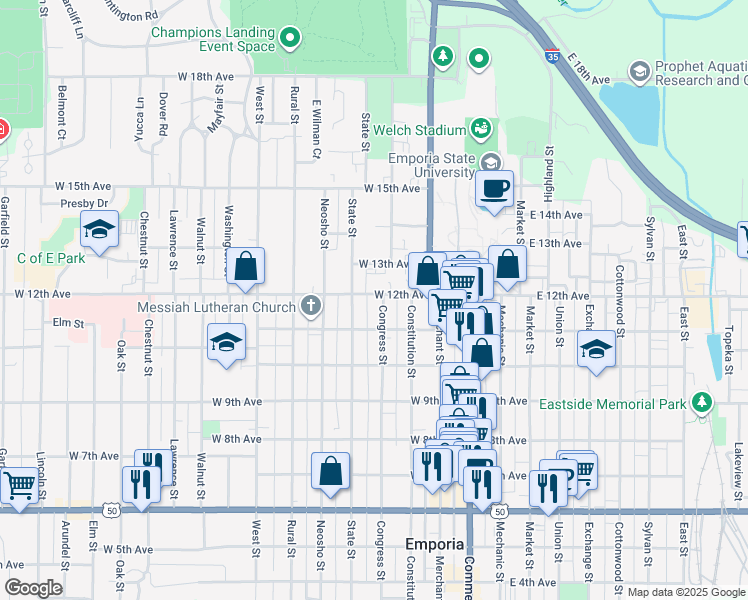 map of restaurants, bars, coffee shops, grocery stores, and more near 311 West 12th Avenue in Emporia