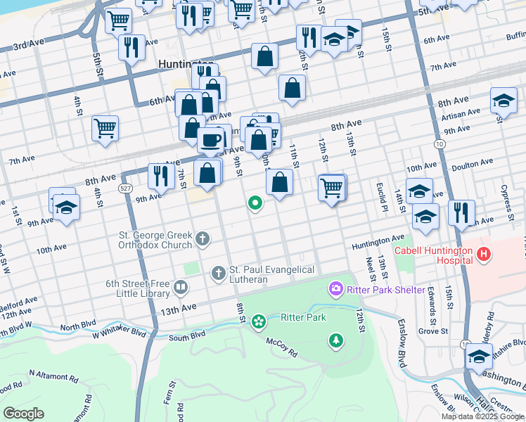 map of restaurants, bars, coffee shops, grocery stores, and more near 935 10th Avenue in Huntington