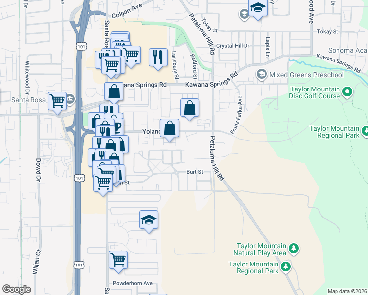 map of restaurants, bars, coffee shops, grocery stores, and more near 2431 Summercreek Drive in Santa Rosa