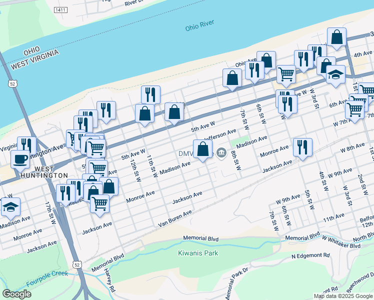 map of restaurants, bars, coffee shops, grocery stores, and more near 951 Jefferson Avenue in Huntington