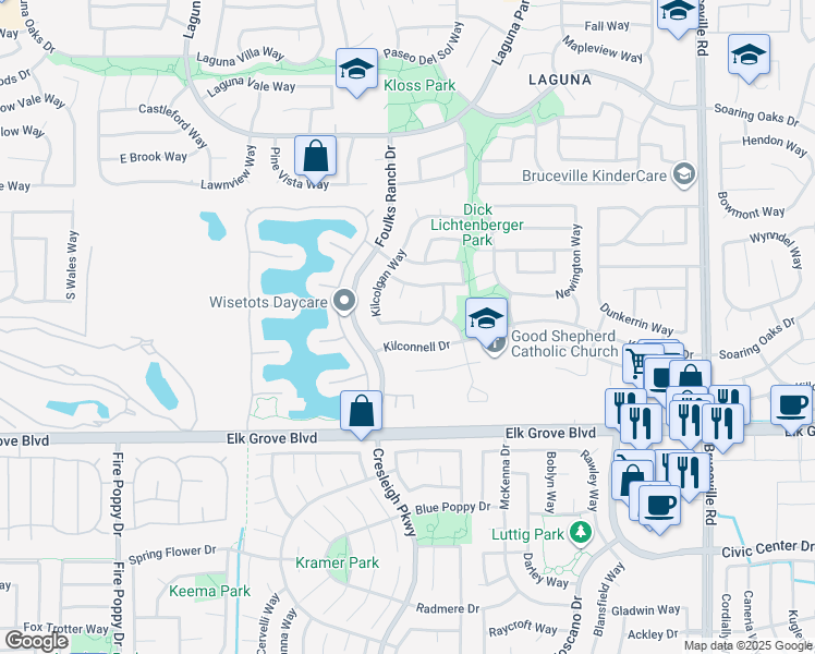 map of restaurants, bars, coffee shops, grocery stores, and more near 9532 Kilcolgan Way in Elk Grove