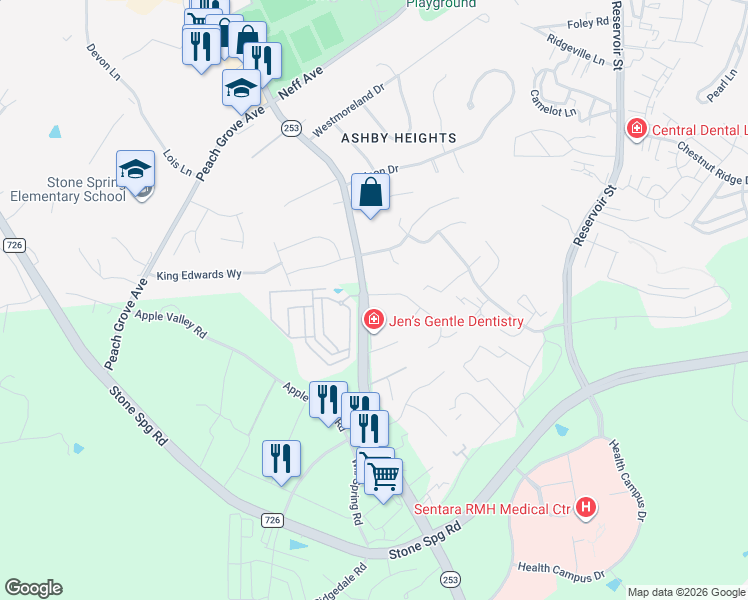 map of restaurants, bars, coffee shops, grocery stores, and more near 1188 Rosedale Drive in Harrisonburg