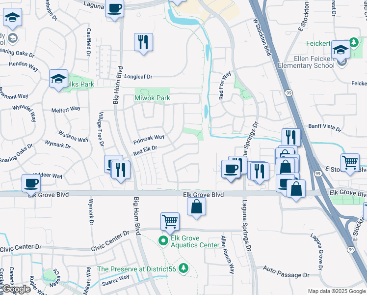 map of restaurants, bars, coffee shops, grocery stores, and more near 8271 Caribou Peak Way in Elk Grove