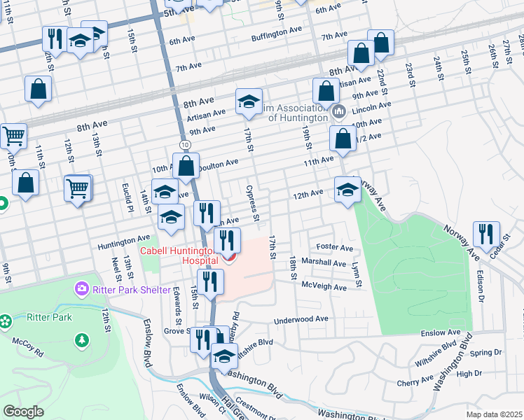 map of restaurants, bars, coffee shops, grocery stores, and more near 1708 12th Avenue in Huntington