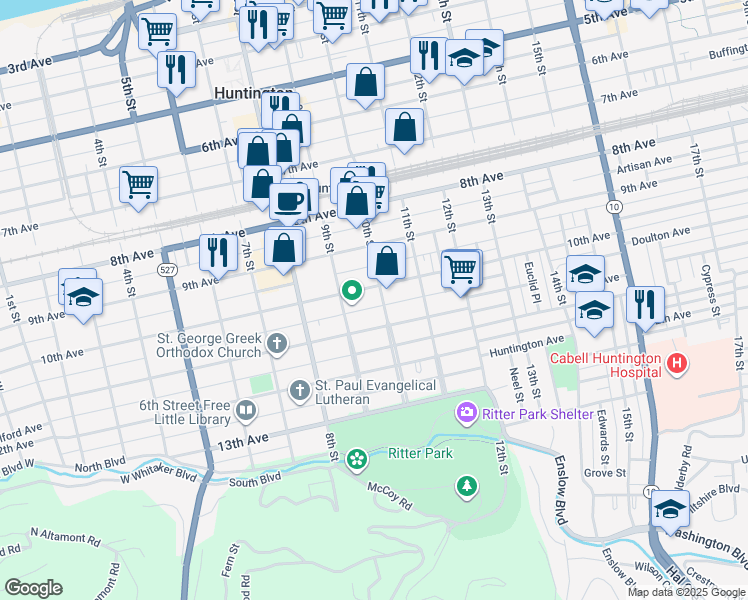 map of restaurants, bars, coffee shops, grocery stores, and more near 949 10th Avenue in Huntington