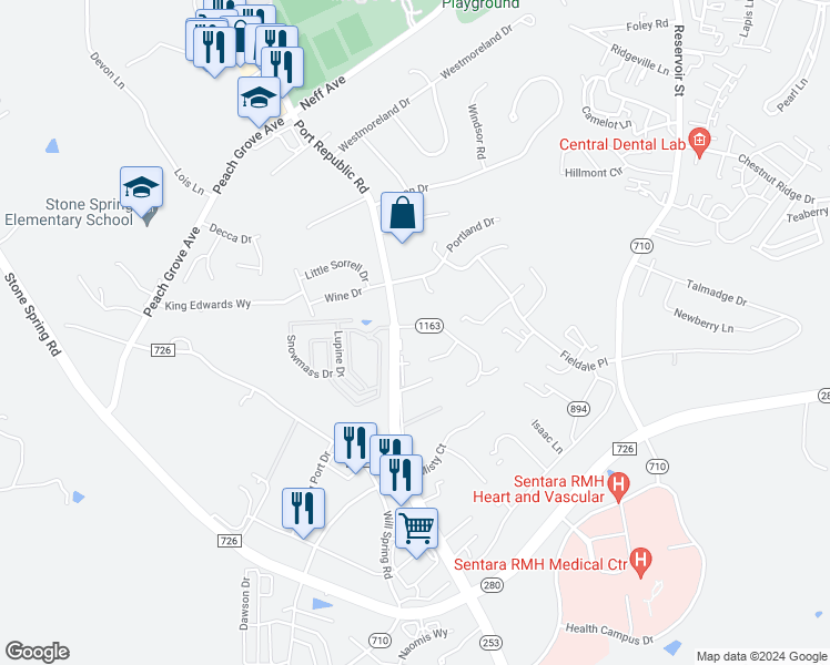 map of restaurants, bars, coffee shops, grocery stores, and more near 1192 Rosedale Drive in Harrisonburg