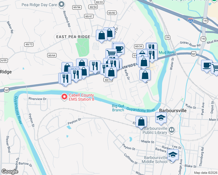 map of restaurants, bars, coffee shops, grocery stores, and more near 6135 Childers Road in Barboursville