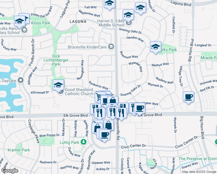 map of restaurants, bars, coffee shops, grocery stores, and more near 9529 Dunkerrin Way in Elk Grove