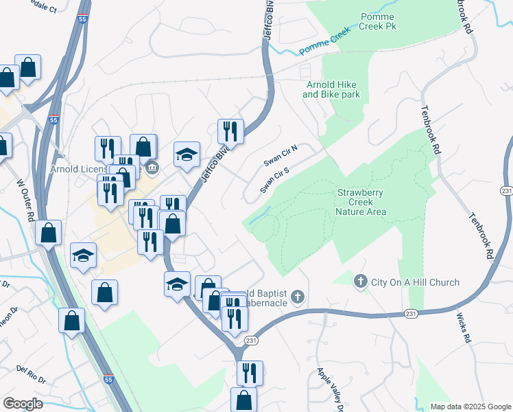 map of restaurants, bars, coffee shops, grocery stores, and more near 3525 Swan Circle South in Arnold