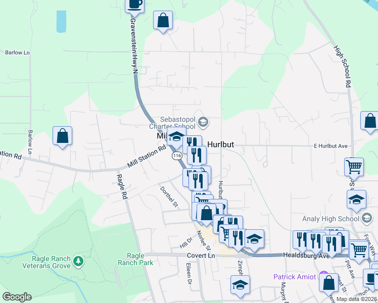 map of restaurants, bars, coffee shops, grocery stores, and more near 1011 Gravenstein Highway North in Sebastopol