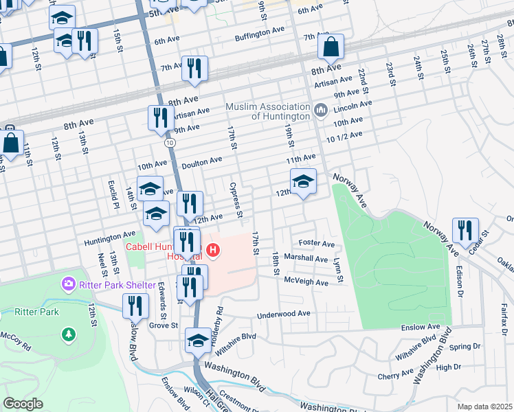 map of restaurants, bars, coffee shops, grocery stores, and more near 1708 12th Avenue in Huntington