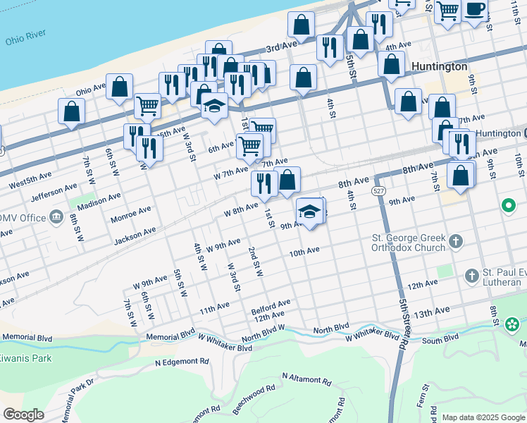 map of restaurants, bars, coffee shops, grocery stores, and more near 125 8th Avenue in Huntington