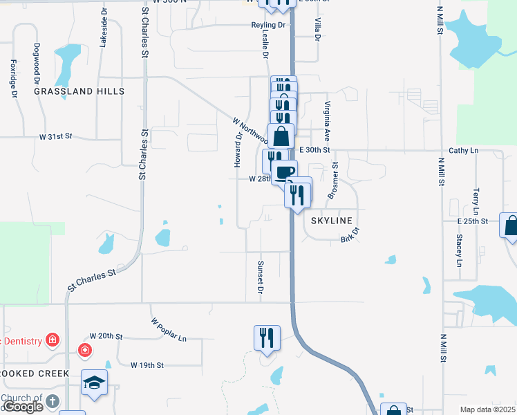 map of restaurants, bars, coffee shops, grocery stores, and more near 2515 North Newton Street in Jasper