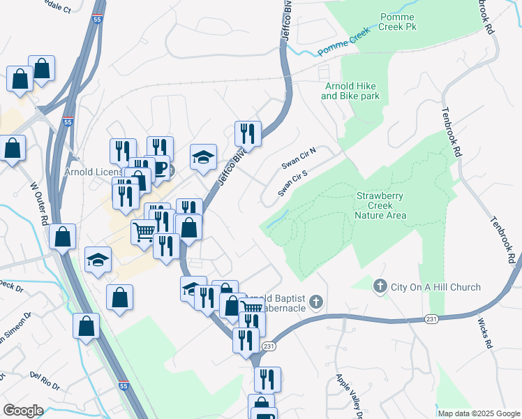 map of restaurants, bars, coffee shops, grocery stores, and more near 3525 Swan Circle South in Arnold
