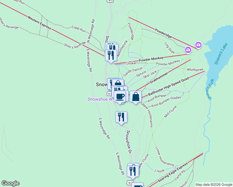 map of restaurants, bars, coffee shops, grocery stores, and more near 6 Stemwinder Street in Slaty Fork