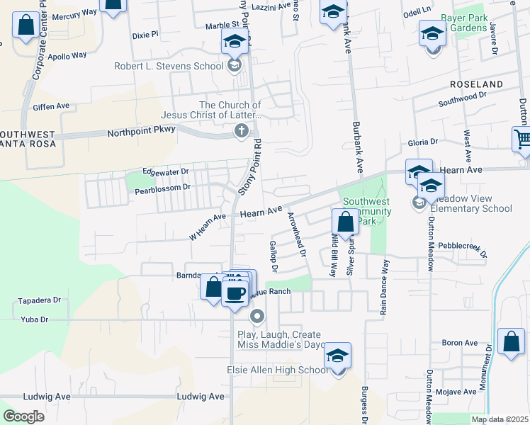 map of restaurants, bars, coffee shops, grocery stores, and more near Hearn Ave & Old Stony Point Rd in Santa Rosa