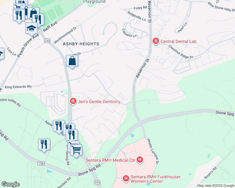 map of restaurants, bars, coffee shops, grocery stores, and more near 2280 Bullpen Drive in Harrisonburg