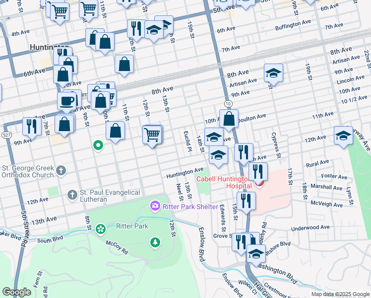 map of restaurants, bars, coffee shops, grocery stores, and more near 1118 13th Street in Huntington
