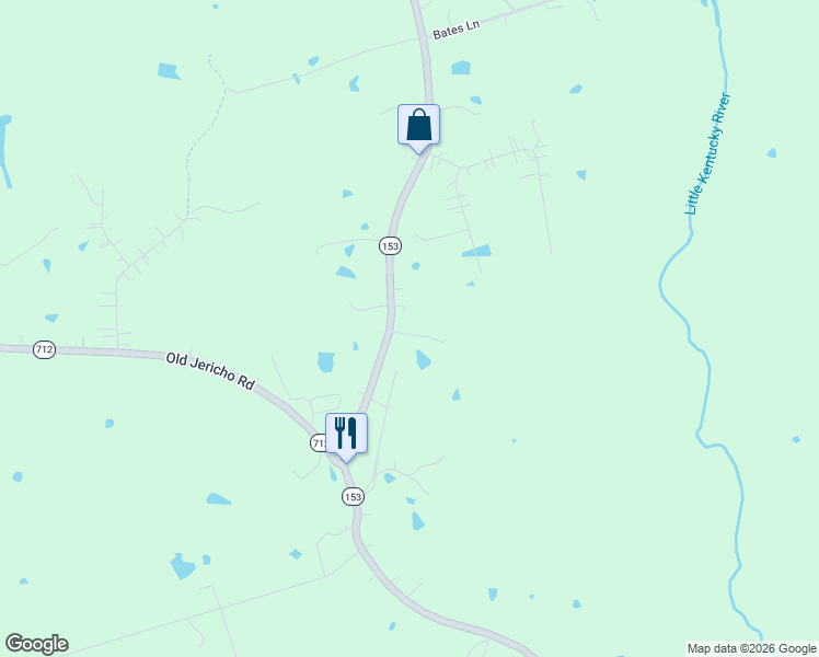 map of restaurants, bars, coffee shops, grocery stores, and more near 3410 Lake Jericho Road in Smithfield