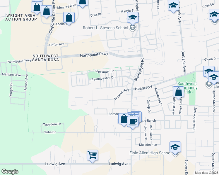 map of restaurants, bars, coffee shops, grocery stores, and more near 2956 Park Meadow Drive in Santa Rosa