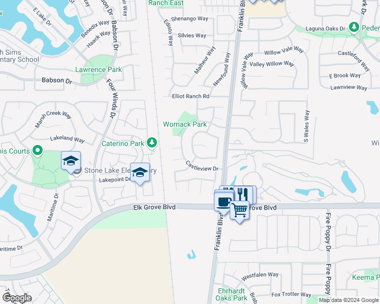 map of restaurants, bars, coffee shops, grocery stores, and more near 9542 Madrid Way in Elk Grove