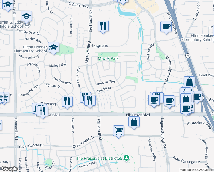 map of restaurants, bars, coffee shops, grocery stores, and more near 8213 Starburst Lane in Elk Grove