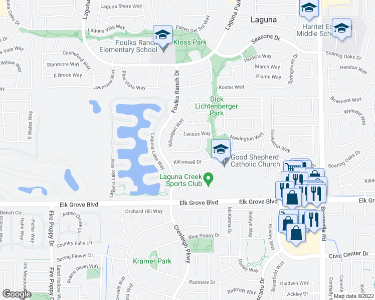 map of restaurants, bars, coffee shops, grocery stores, and more near 9532 Kilcolgan Way in Elk Grove