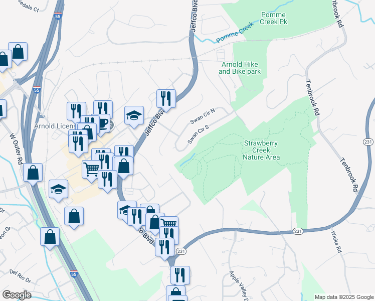 map of restaurants, bars, coffee shops, grocery stores, and more near 3537 Swan Circle South in Arnold