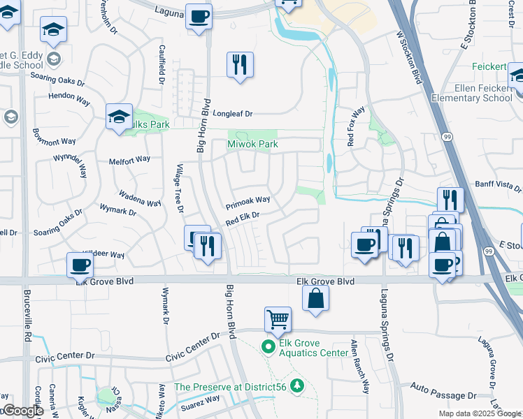 map of restaurants, bars, coffee shops, grocery stores, and more near 8215 Red Elk Drive in Elk Grove