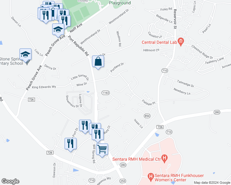map of restaurants, bars, coffee shops, grocery stores, and more near 1120 Rosedale Drive in Harrisonburg
