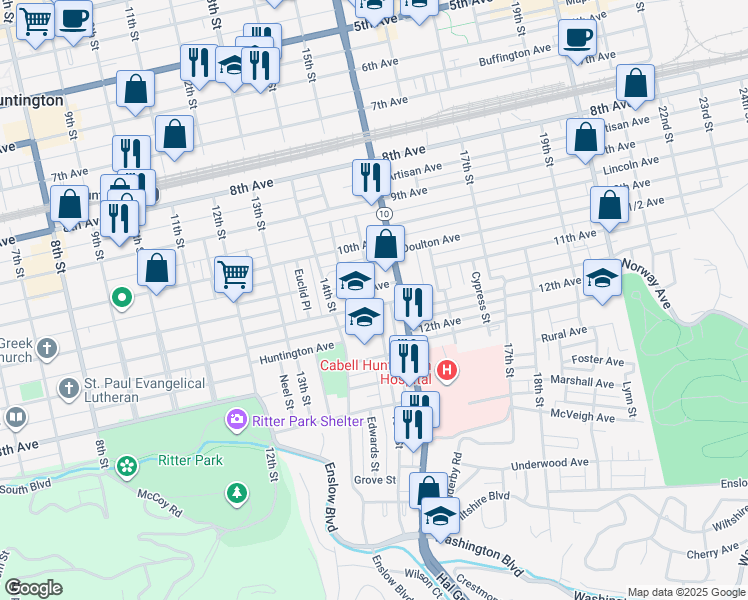 map of restaurants, bars, coffee shops, grocery stores, and more near 1110 15th St in Huntington