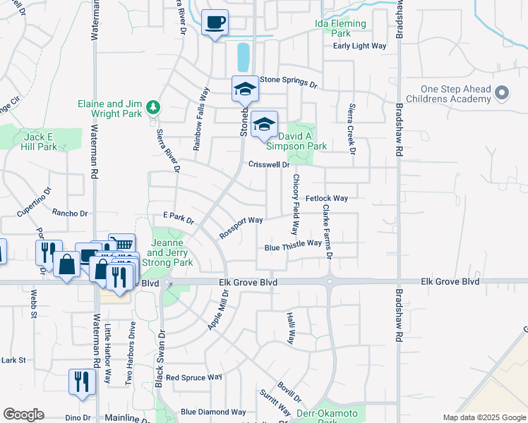 map of restaurants, bars, coffee shops, grocery stores, and more near 9520 Rossport Way in Elk Grove