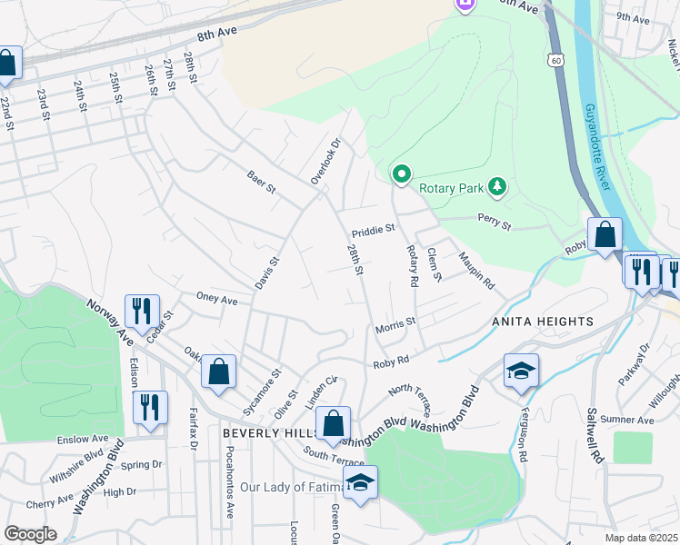 map of restaurants, bars, coffee shops, grocery stores, and more near 2751 Parsons Street in Huntington