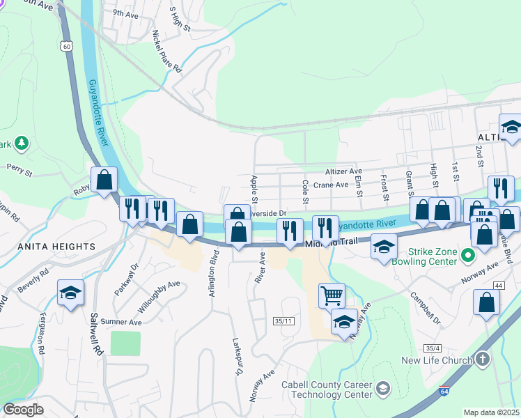 map of restaurants, bars, coffee shops, grocery stores, and more near 3308 Riverside Drive in Huntington