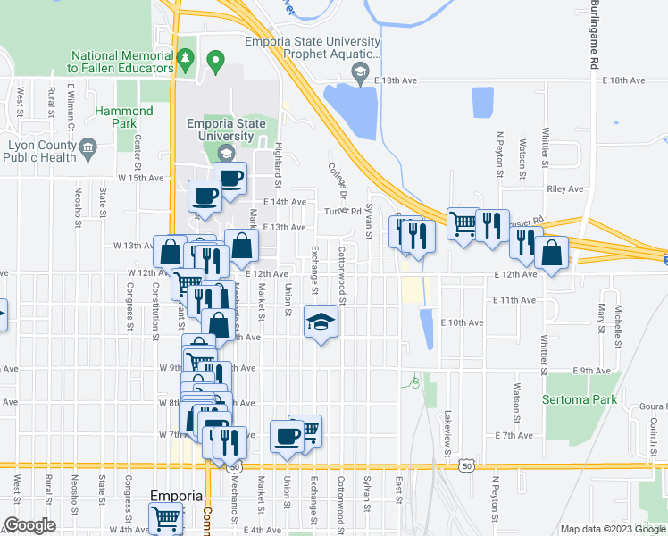 map of restaurants, bars, coffee shops, grocery stores, and more near 416 East 12th Avenue in Emporia