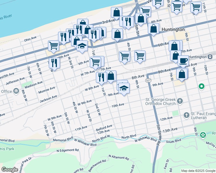 map of restaurants, bars, coffee shops, grocery stores, and more near 125 8th Avenue in Huntington