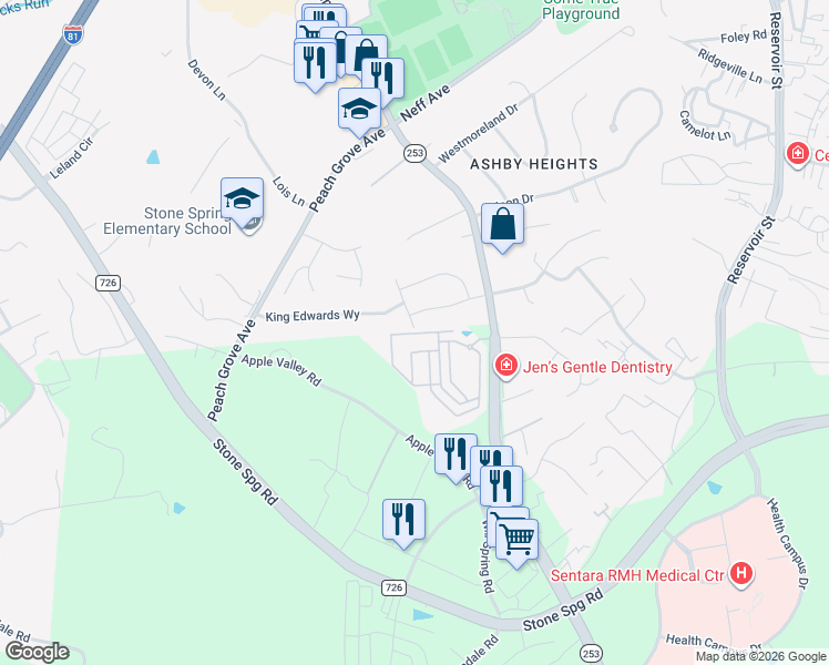 map of restaurants, bars, coffee shops, grocery stores, and more near Snowmass Drive in Harrisonburg