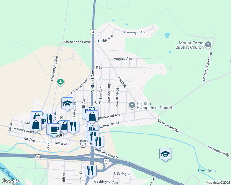 map of restaurants, bars, coffee shops, grocery stores, and more near 208 Morgan Avenue in Elkton