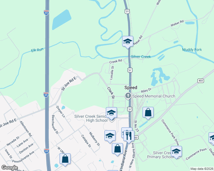 map of restaurants, bars, coffee shops, grocery stores, and more near 122 Clark Street in Sellersburg