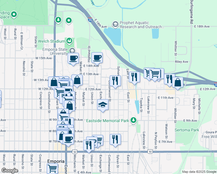 map of restaurants, bars, coffee shops, grocery stores, and more near 416 East 12th Avenue in Emporia