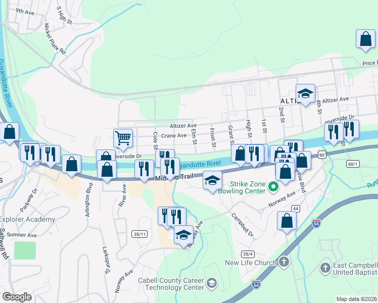 map of restaurants, bars, coffee shops, grocery stores, and more near 3630 Riverside Drive in Huntington