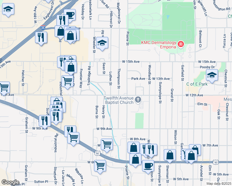 map of restaurants, bars, coffee shops, grocery stores, and more near 1118 Luther Street in Emporia