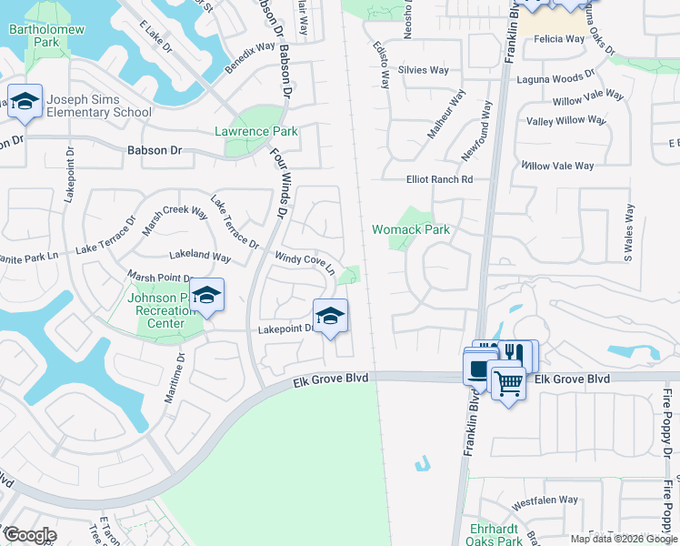map of restaurants, bars, coffee shops, grocery stores, and more near 9523 Portside Lane in Elk Grove