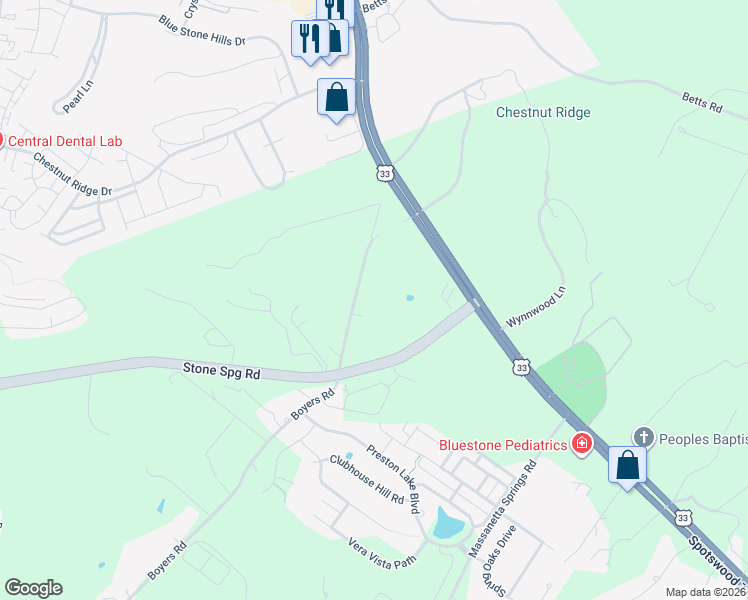 map of restaurants, bars, coffee shops, grocery stores, and more near Stone Spring Road in Harrisonburg