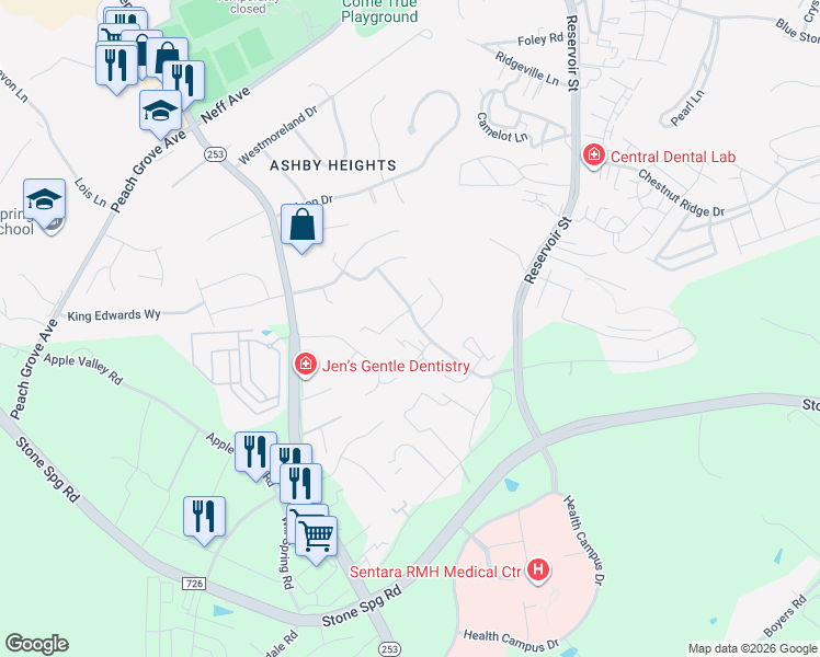 map of restaurants, bars, coffee shops, grocery stores, and more near 2000 Pine Harbor Lane in Harrisonburg