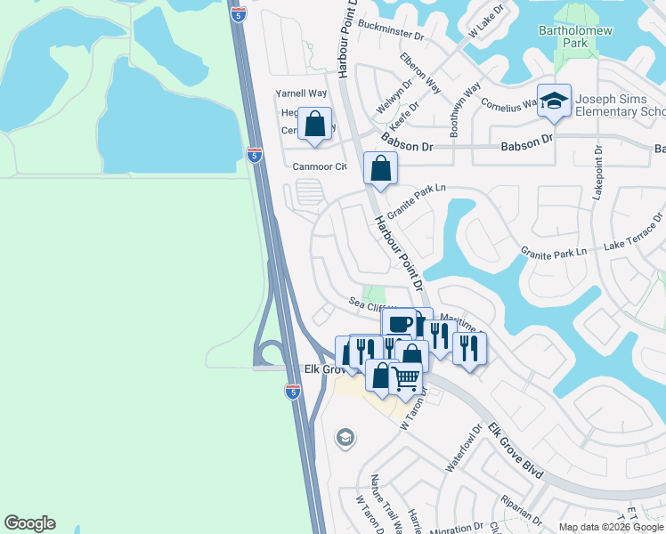map of restaurants, bars, coffee shops, grocery stores, and more near 9439 Sea Cliff Way in Elk Grove
